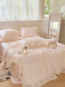 Pure Color Ruffles Princess Style Summer Quilt Tencel Summer Cooling Duvet Airable Cover Four-piece Set (Option: Light Pink-Single Summer Quilt 200 Ã— 230)